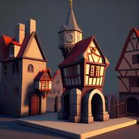 medeltida stad med gammal hus och klocka torn. 3d framställa, ai generativ bild foto