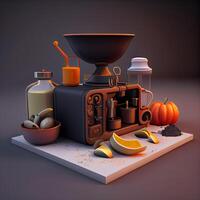 kaffe kvarn och Ingredienser för framställning kaffe, 3d illustration, ai generativ bild foto