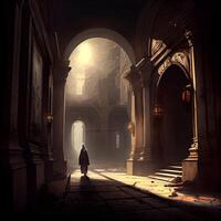 mystisk kvinna kommande ut av ett gammal slott dörr. halloween bakgrund, ai generativ bild foto