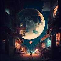 natt stad gata med måne och stjärnor. illustration i digital målning stil, ai generativ bild foto