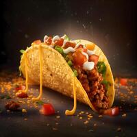 tacos med kött och grönsaker på en svart bakgrund med rök, ai generativ bild foto