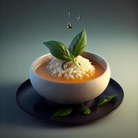 svamp soppa med ris i en skål på en mörk bakgrund, ai generativ bild foto