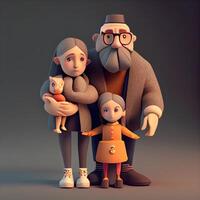 farfar, mormor och barnbarn. familj porträtt. 3d illustration, ai generativ bild foto