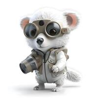 3d tolkning av en söt tecknad serie djur- bär en Plats kostym med en kamera, ai generativ bild foto
