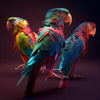 färgrik papegojor på en mörk bakgrund. 3d framställa illustration, ai generativ bild foto