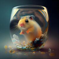 hamster i en glas skål med ett prydnad. 3d tolkning, ai generativ bild foto