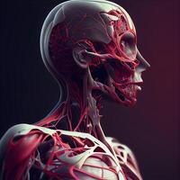 3d illustration av mänsklig muskler anatomi med blod kärl, ai generativ bild foto