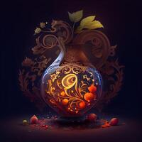 illustration av en vas med blommig prydnad på mörk bakgrund., ai generativ bild foto