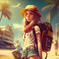 3d illustration av en skön flicka med en ryggsäck på de strand, ai generativ bild foto
