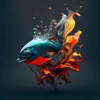 3d illustration av en fisk i vatten med brand lågor på en svart bakgrund, ai generativ bild foto