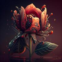 skön röd blomma på en mörk bakgrund med droppar av vatten. 3d illustration, ai generativ bild foto
