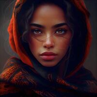 porträtt av en skön flicka i en röd scarf. skönhet, mode., ai generativ bild foto