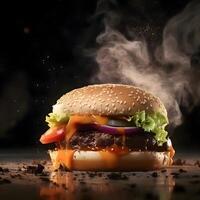 stor gott hamburgare med kött och grönsaker på en svart bakgrund., ai generativ bild foto