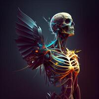 3d framställa av en mänsklig skelett anatomi med lysande vingar isolerat på svart bakgrund, ai generativ bild foto
