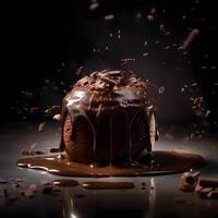 choklad kaka med stänk och bitar av choklad på en svart bakgrund, ai generativ bild foto