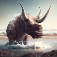 svart noshörning i en lera pöl med vatten., ai generativ bild foto