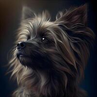 porträtt av en yorkshire terrier hund på en mörk bakgrund., ai generativ bild foto