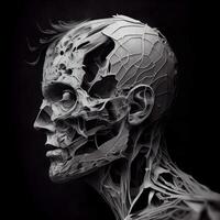 mänsklig skelett tillverkad av vit metall på svart bakgrund. 3d illustration, ai generativ bild foto