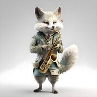 söt räv spelar de saxofon. 3d framställa illustration., ai generativ bild foto