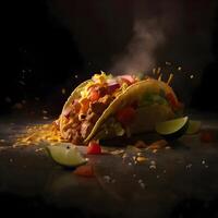 taco med kött och grönsaker på en svart bakgrund. mexikansk mat, ai generativ bild foto