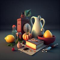 3d illustration av Ingredienser för matlagning i årgång stil oliv olja, ost, citron, honung, basilika, peppar, tomat, oliv olja, ai generativ bild foto