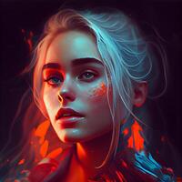 fantasi porträtt av en flicka med kreativ smink och röd blod på henne ansikte, ai generativ bild foto