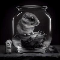 hamster i en glas burk på en svart bakgrund. svart och vit, ai generativ bild foto