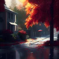 regn på de gata i de stad på gryning. 3d tolkning, ai generativ bild foto