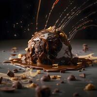 muffin med choklad och is grädde stänk på en svart bakgrund, ai generativ bild foto