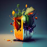 frukt och vegetabiliska stänk ut av en pumpa. 3d tolkning, ai generativ bild foto
