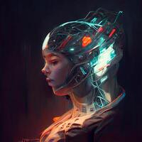 trogen cyborg kvinna porträtt med lysande neon ljus. sci-fi begrepp., ai generativ bild foto
