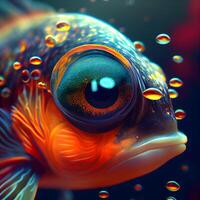 öga av en fisk i de vatten. 3d illustration, 3d tolkning, ai generativ bild foto