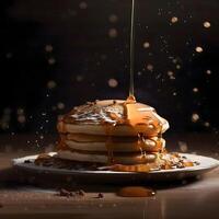 pannkakor med blåbär och lönn sirap på en mörk bakgrund, ai generativ bild foto