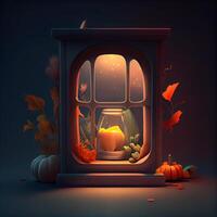 illustration av halloween natt med lykta, pumpor och löv, ai generativ bild foto