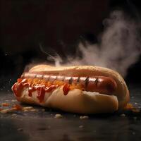varm hund med senap och ketchup på en svart bakgrund med rök, ai generativ bild foto
