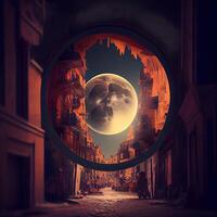 halloween bakgrund med full måne och gammal stad. 3d tolkning, ai generativ bild foto