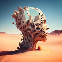surrealistic 3d illustration av mänsklig huvud i de öken., ai generativ bild foto