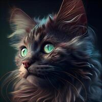 porträtt av maine Coon katt med grön ögon på en mörk bakgrund., ai generativ bild foto