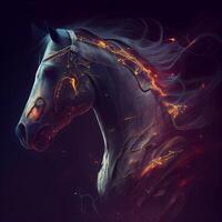 fantasi häst med brand och rök på mörk bakgrund. 3d tolkning, ai generativ bild foto