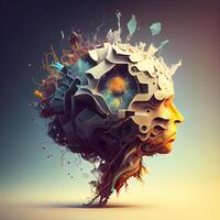3d illustration av mänsklig huvud med hjärna och färgrik stänk., ai generativ bild foto