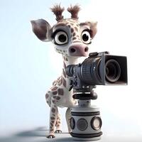 söt giraff med en kamera och en filma kamera. 3d tolkning, ai generativ bild foto