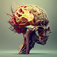 mänsklig hjärna med nervös systemet och nervös systemet. 3d illustration., ai generativ bild foto