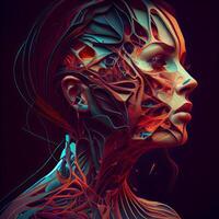 3d tolkning av en kvinna ansikte med röd och blå skelett hud, ai generativ bild foto