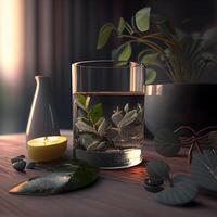 glas av vatten med ljus och eukalyptus löv. 3d tolkning, ai generativ bild foto