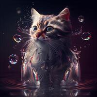 rolig katt med stor ögon och flerfärgad bubblor i vatten, ai generativ bild foto