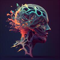 mänsklig huvud med hjärna. 3d framställa illustration på mörk bakgrund., ai generativ bild foto