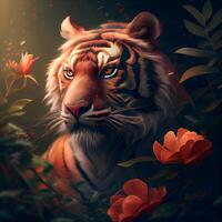 skön tiger med röd blommor på en mörk bakgrund, digital målning, ai generativ bild foto