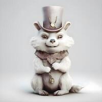 söt vit mus i en hatt av en trollkarl med en kort., ai generativ bild foto