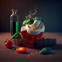 illustration av en flaska av oliv olja, basilika, tomat och mozzarella ost, ai generativ bild foto