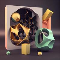 3d illustration av abstrakt geometrisk former i svart och guld färger., ai generativ bild foto